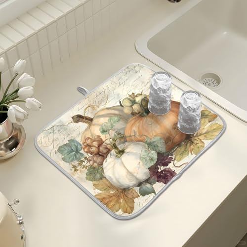 Autumn Pumpkin Fall Leaves Thanksgiving Dish Drying Mat for Kitchen Counter Absorbent Microfiber Large Drying Pad Dish Mats for Kitchen Countertops 18 x 24 Inch (24" x 18")