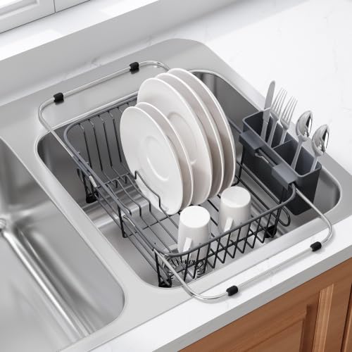 Gray Dish Drying Rack in Sink with Utensil Holder (Dark Gray / For 10"-12"w Sink)