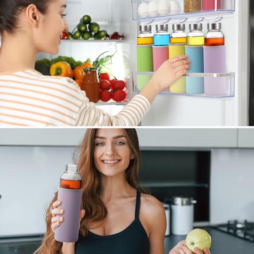 12 Pack Glass Water Bottles with Sleeves (Stylish / Colorful)
