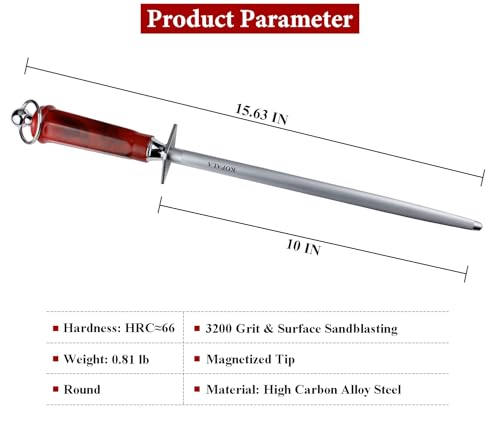 Sharpening Steel Knife Sharpener Rod Round 10 IN Honing Steel for Knife (Round 10 inches Red)