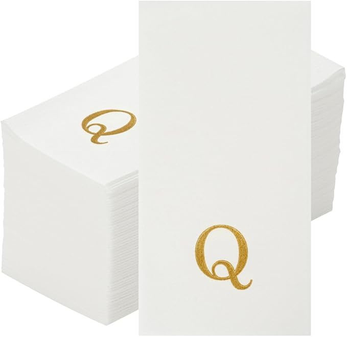 Luxenap 15.8 X 7.9 Inch Linen-Feel Guest Towels, 2000 Lettered Hand Towels - Gold Letter 'Q', Sans Serif Font, White Paper Dinner Napkins, airlaid, For Restrooms And Tables