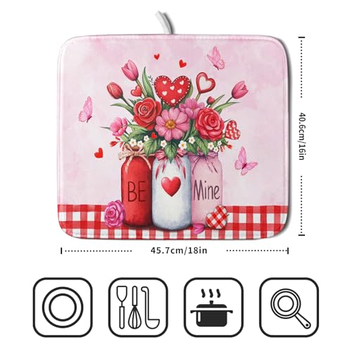 Rose Vase Dish Drying Mat 16x18 inch Romantic Floral Washable Absorbent Dish Dry Pad Fast Dry Drainer Rack Mats Kitchen Counter Accessories (Rose Floral Vase / 16" x 18")
