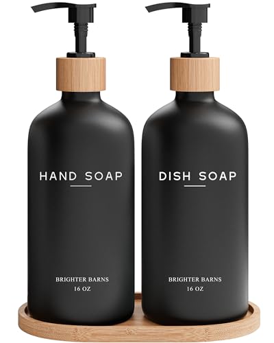 Black Glass Hand and Dish Soap Dispenser Set by Brighter Barns (Black Hd)