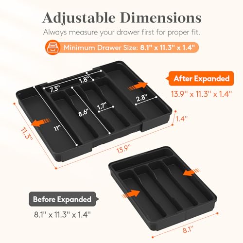 Silverware Organizer for Drawer (Black / Medium Slim(8.1-13.9''W x 11.3''D))