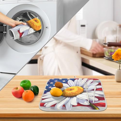 Daisy Flowers and American Flag Dish Drying Mat for Kitchen Counter Absorbent Microfiber Large Drying Pad Dish Mats for Kitchen Countertops 18 x 24 Inch (24" x 18")