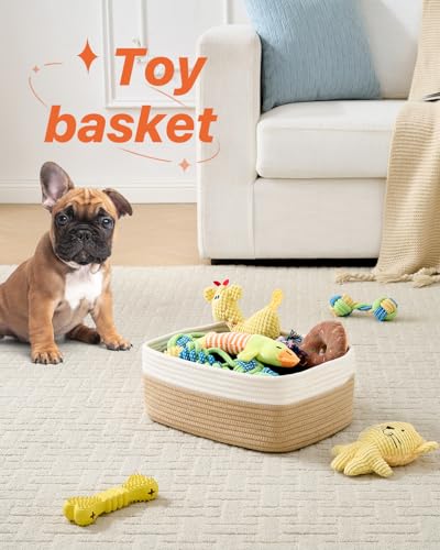 Small Woven Storage Basket for Organizing (White & Brown / 13.5"L x 9.5"W x 5"H)