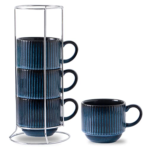 15 Oz Ribbed Stackable Coffee Mug Set of 4 (Navy / 15 Ounces)