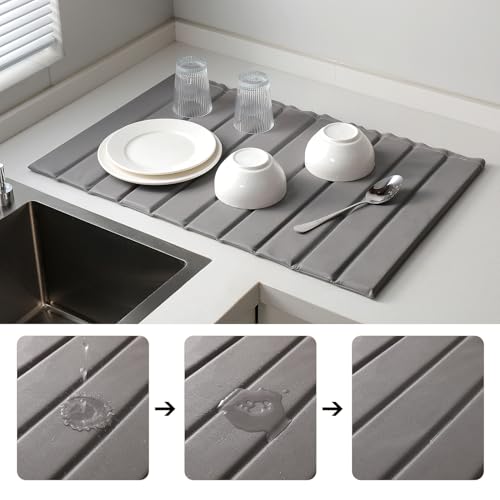 Stone Dish Drying Mat with PU Leather Surface for Kitchen Counter (Medium Gray / 24.8" x 15.7")