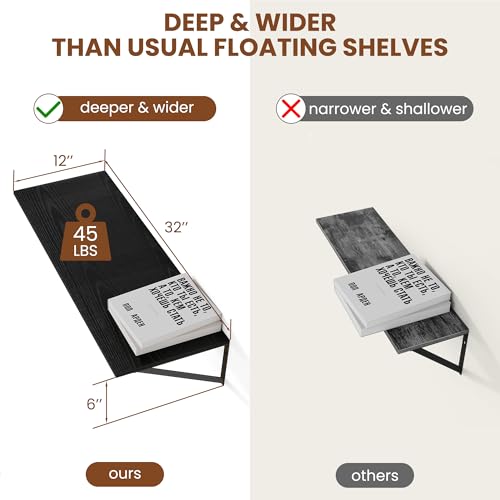 32W x 12D Deep Floating Shelves Set of 2 Black (Black With Black Metal Bracket / 32Wx12Dx5.8H)