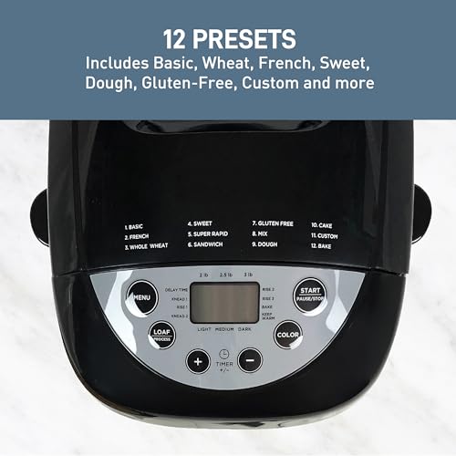 Hi Rise Bread Maker Machine Programmable 12 Programs Including Gluten Free & 3 Loaf Sizes and Crust Colors with Traditionally