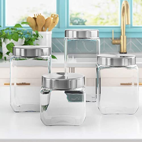 4pc Square Glass Cookie Jars with Airtight Lids + Marker & Labels