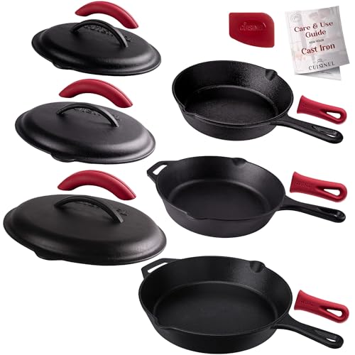Cast Iron Skillets Set with Lids (8"+10"+12")
