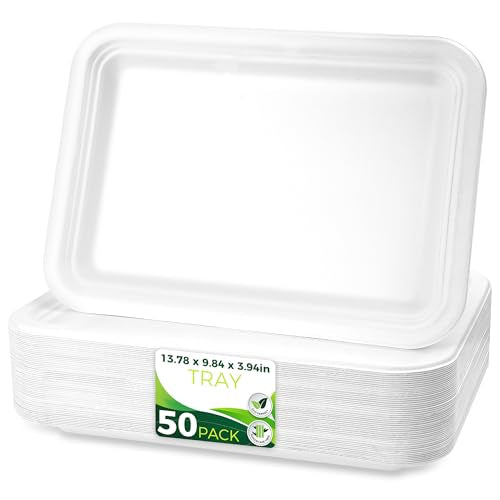 50Pack 14" Heavy Duty Disposable Rectangle Food Trays (White / 14in(50count))