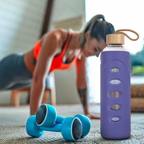 32 oz Narrow Mouth Glass Water Bottle with Windowed Silicone Sleeve (Purple)