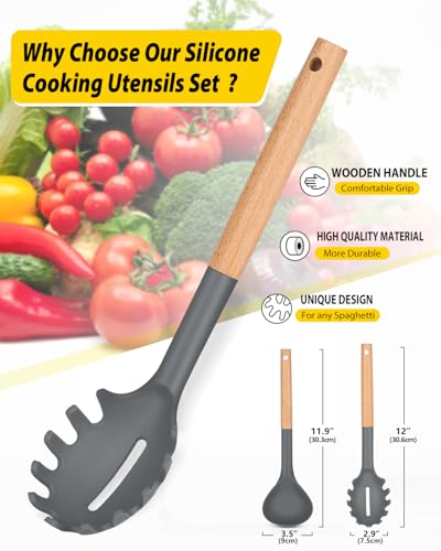 Silicone Soup Ladle and Pasta Spoon Set with Wooden Handle (2 Count)