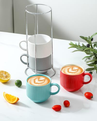 Ceramic Coffee Mug Set of 4 with Rack (Mix-Color3 / 15 Ounces)