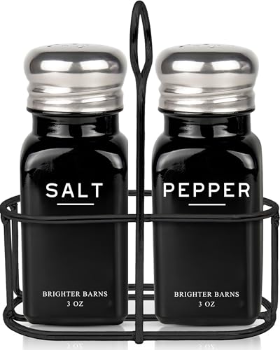 Black Salt and Pepper Shakers Set with Holder by Brighter Barns (2 Count)