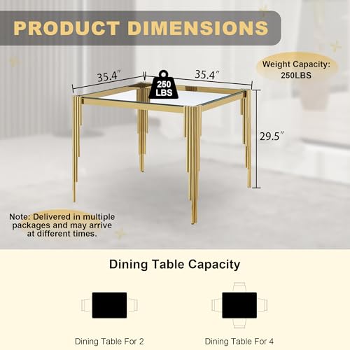 35'' Modern Square Glass Dining Table for 4 People (Gold-clear / Square-35.43" L x 35.43" W x 29.53" H)