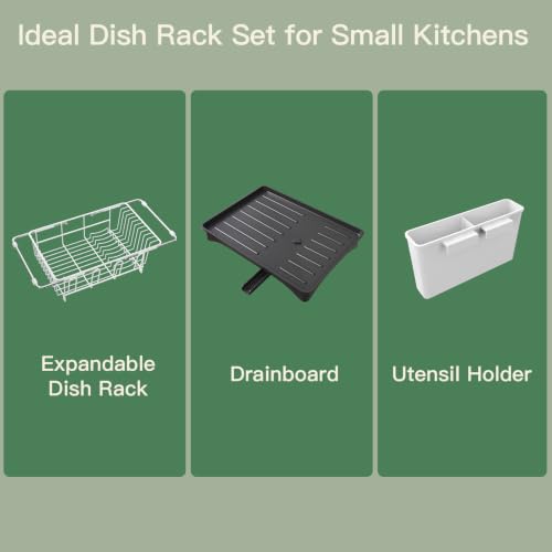 White Expandable Dish Drying Rack Over Sink with Extra Drainboard (White / For 11.5"-16" W Sink with Cup Holder & Drainboard)
