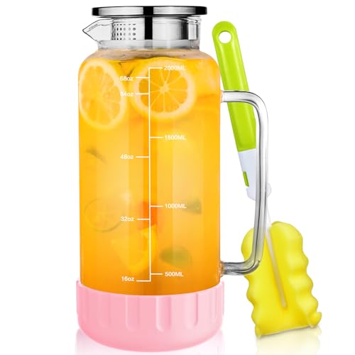 68oz Glass Pitcher with Lid and Handle for Fridge (Pink Silicone)