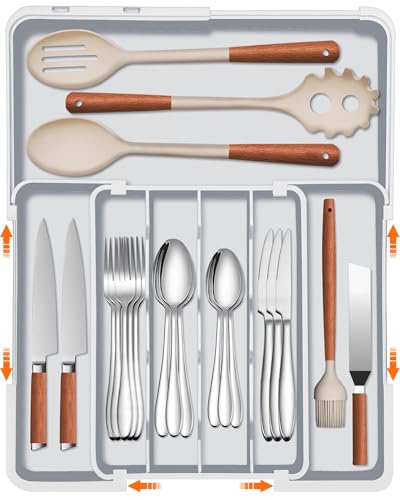 Adjustable Silverware Drawer Organizer (Grey / M(9.5-15.2"W x 12.6-19"D))