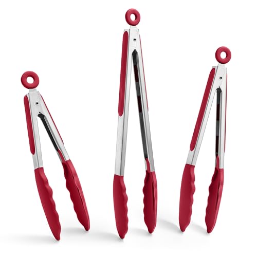 Kitchen Tongs with Silicone Tips for Cooking Serving (Set of 3 (7+9+12in) / Red)