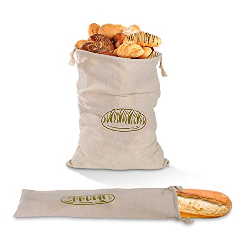 Natural Linen Bread Bags 2Pack 100% Flax Linen for Homemade Bread Reusable Food Storage Bags Reusable Bread Bags for Large Loaf Bakery & Baguette