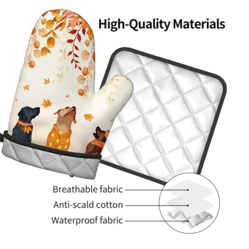 Fall Dogs Oven Mitt Potholders Sets Autumn Leaves Heat Resistant Oven Glove Set of 2 Holiday Kitchen Hot Pads for Cooking Baking Grilling (Fall Dogs)