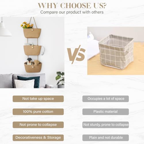 Over the Door Hanging Baskets with Wooden Button (Jute / 3 tier+Wooden Button)