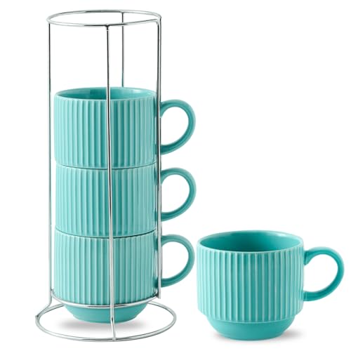 15 oz Coffee Mug Set of 4 with Stand (Teal / 15 Ounces)