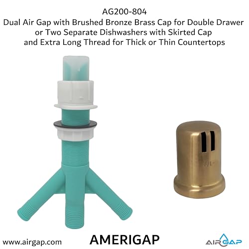 Dual Air Gap with Brushed Bronze Brass Cap for Double Drawer or Two Separate Dishwashers with Skirted Cap and Extra Long Thread for Thick or Thin Countertops (AG200-804)