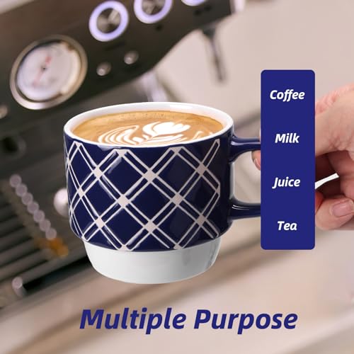 12 OZ Stackable Ceramic Coffee Mugs set of 6 (12 OZ / Blue Coffee Mugs)