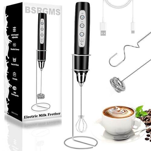 Milk Frother Wand Rechargeable Handheld Whisk Coffee 3 Speed Adjustable (Frother with stand / Black)