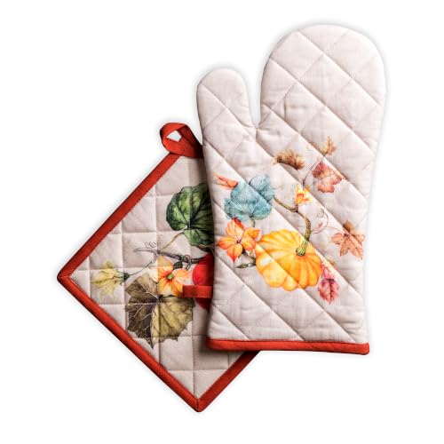 100% Cotton Oven Mitt & Pot Holder Set (096 - Potiron / 7.5" x 13" & 8" x 8" (Oven Mitt & Pot Holder))