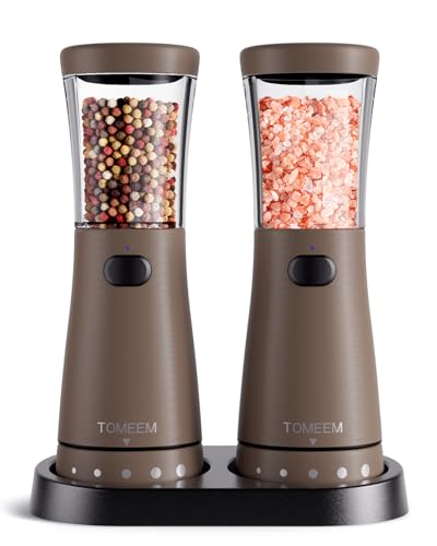 Electric Salt and Pepper Grinder Set with Storage Base (Caramel)