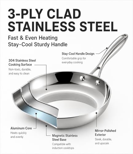 Stainless Steel Frying Pan 8 Inch with Lid (Stainless Steel / 8IN)