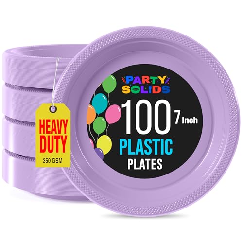 Lavender Plastic Plates for Party 7 Orange Disposable Plates for Party Supplies 100 Pcs Plastic Dinnerware Sets Heavy Duty 350 GSM Disposable Dinnerware Set (7 inch / Lavender)
