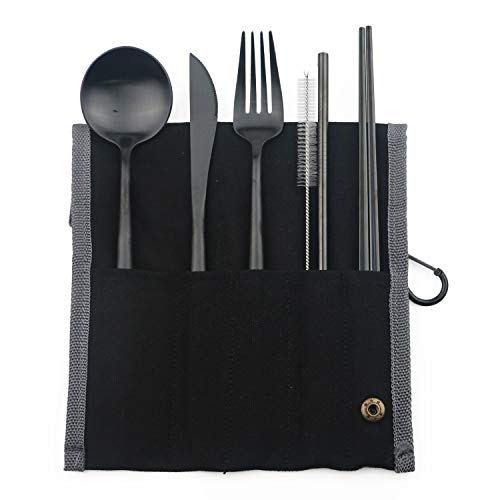 Portable 6 Pieces Flatware Set (Black Pouch / Black)