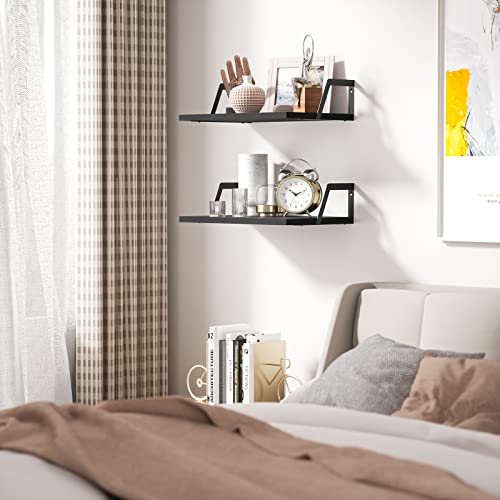 Floating Shelves Wall Mounted Set of 2 Rustic Wood Shelves with Large Capacity (Black)