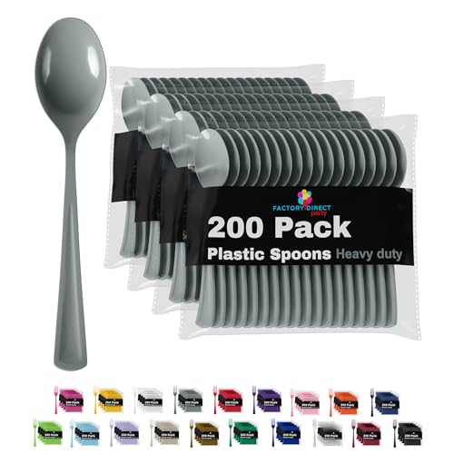 Party Solids Silver Plastic Spoons 200 Pieces Silver Spoons Disposable Utensils Heavy Duty Plastic Cutlery Set Disposable Cutlery Sets Flatware Sets Silverware Set Party Supplies & Party Tableware (Silver / Spoons)