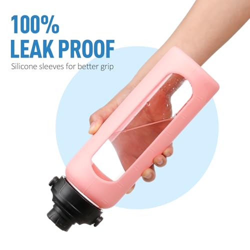 32oz Glass Water Bottle with Straw and 2 Lids (Pink / 32 Ounces)