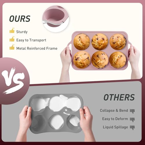 2 Packs 6 Cups Silicone Muffin Pan with Metal Reinforced Frame Jumbo Size Cupcake Pan Tray Egg Bites Silicone Circle Cookie Molds Muffin Tin Tart Pans Baking Sheet Set for Breakfast Sandwiches (Jumbo / Morandi Pink)