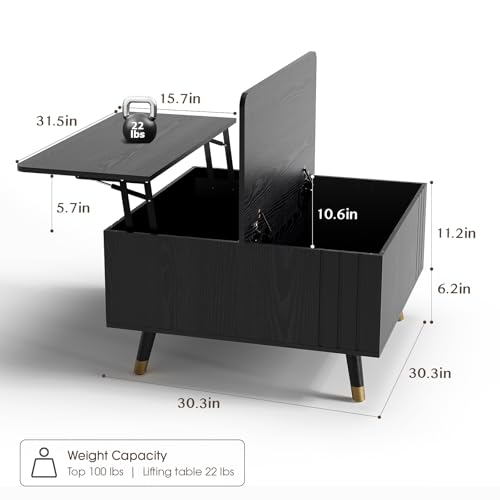 Square Lift Top Coffee Table with Storage for Living Room (Smooth Black)