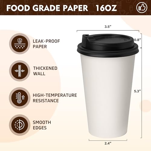 16 oz Disposable Coffee Cups with Lids 100 Pack (White / 16 oz)