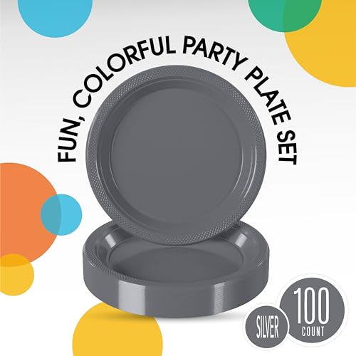 Party Solids Sturdy Silver Plastic Plates 10" Party Plates 100 Pcs (10 inch / Silver)