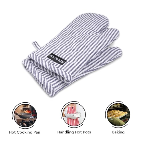 Oven Mitts Heat Resistant Kitchen Gloves (Oven Gloves / Ticking Navy Blue)