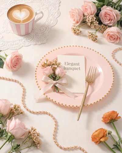 180Pcs Elegant Pink Gold Dinnerware Set for Party Wedding (Pink and Gold Plastic Dinnerware Set / 180PCS)