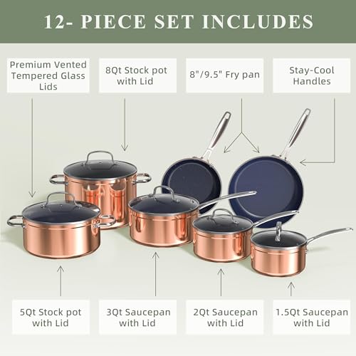 Healthy Duralon Blue Ceramic Nonstick Cookware Set (Metallic Rustic Copper / 12pc Cookware Set / Cookware Set)
