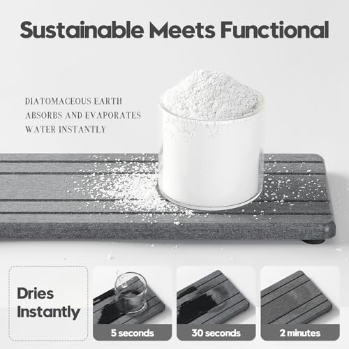 2PCS Diatomite Quick Stone Drying Tray Mat For Bathroom & Kitchen Counter (2 Pack - Charcoal Gray Grooved / 9" x 3.5")