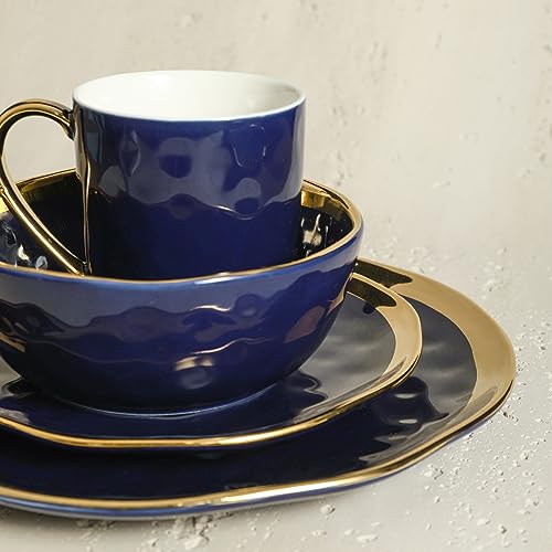 Florian Modern Porcelain Dish Set (32-Pieces Service for 8 / Blue with Gold Rim)